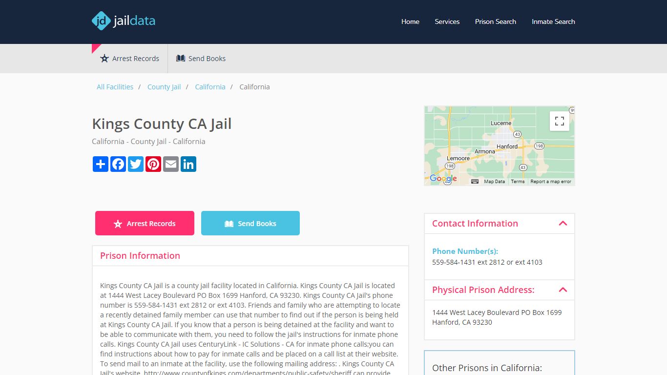 Kings County CA Jail Inmate Search and Prisoner Info - Hanford, CA